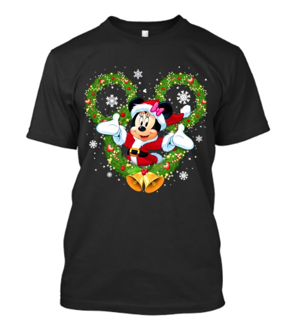Minnie Mouse Christmas Wreath Santa Snowflakes Bow Bells T-Shirt