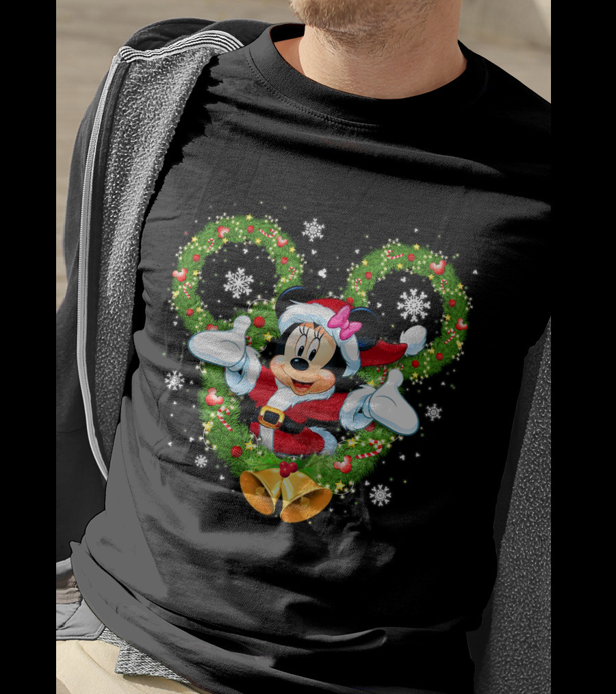 Minnie Mouse Christmas Wreath Santa Snowflakes Bow Bells T-Shirt