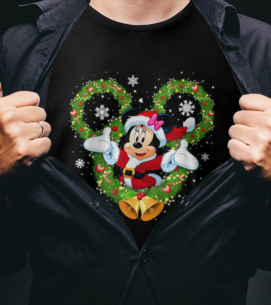 Minnie Mouse Christmas Wreath Santa Snowflakes Bow Bells T-Shirt