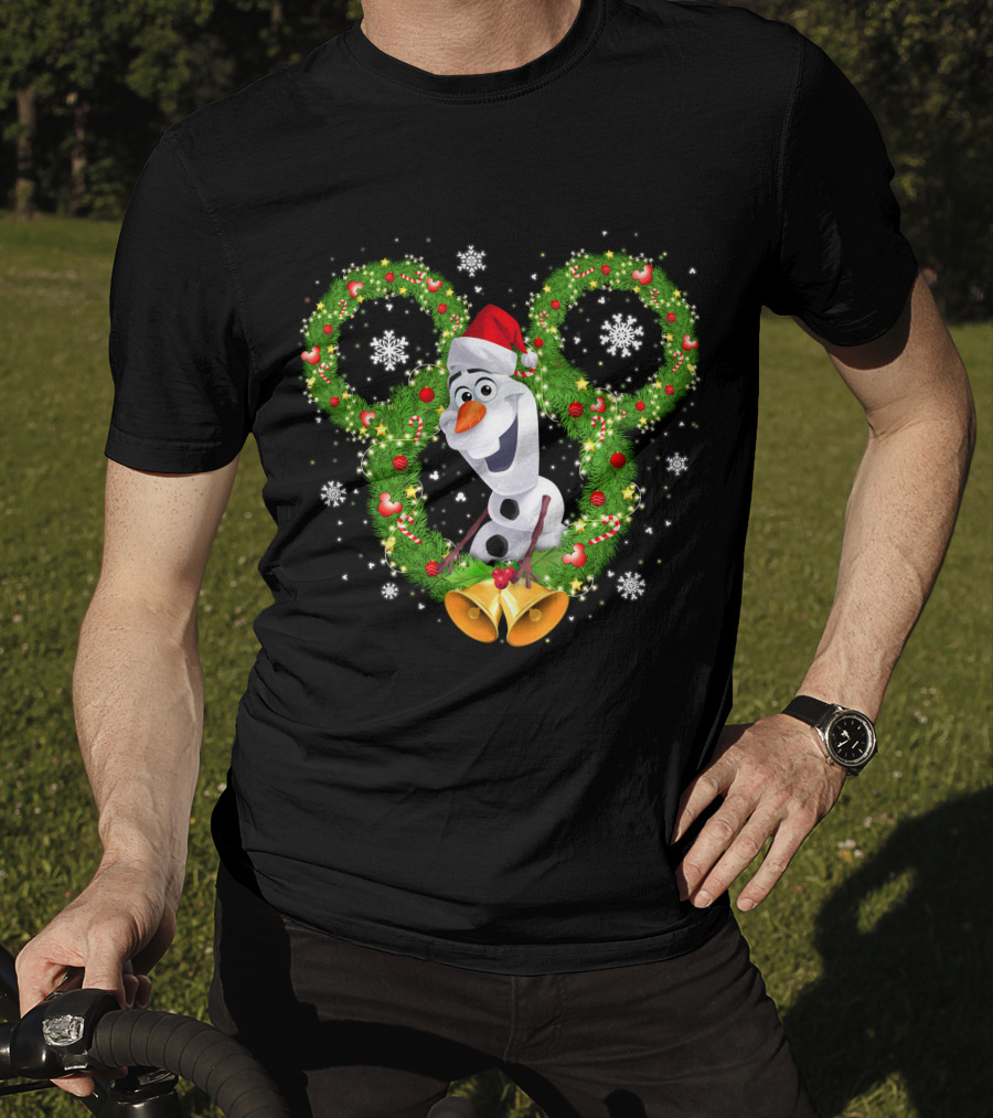 Olaf Frozen Christmas Mickey Wreath With Snowflakes And Santa Hat T-Shirt