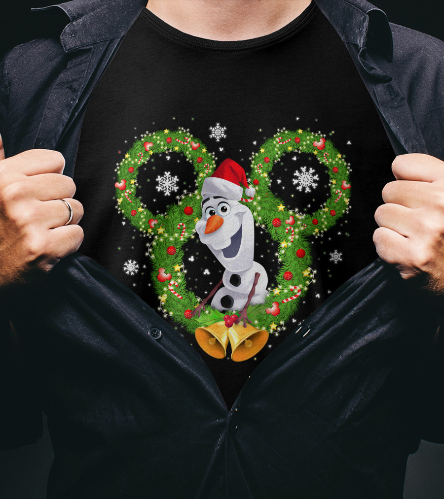 Olaf Frozen Christmas Mickey Wreath With Snowflakes And Santa Hat T-Shirt