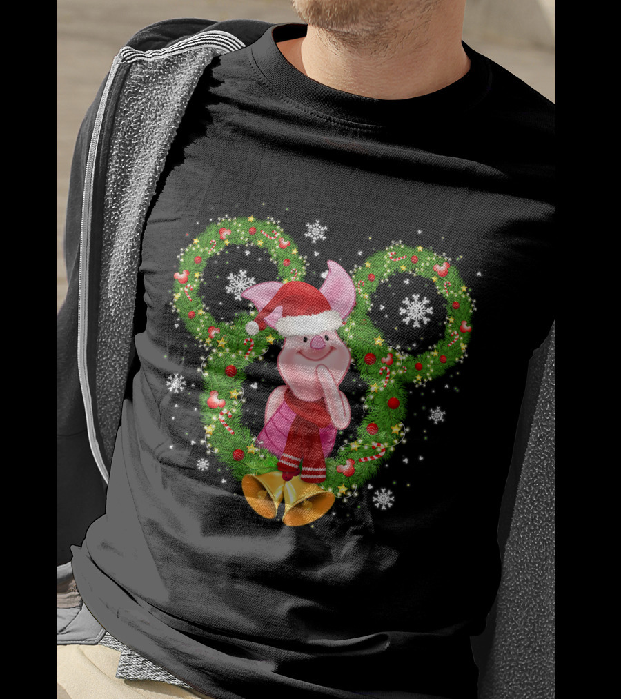 Piglet Christmas Wreath Mickey Mouse Ears Snowflakes Santa Hat T-Shirt