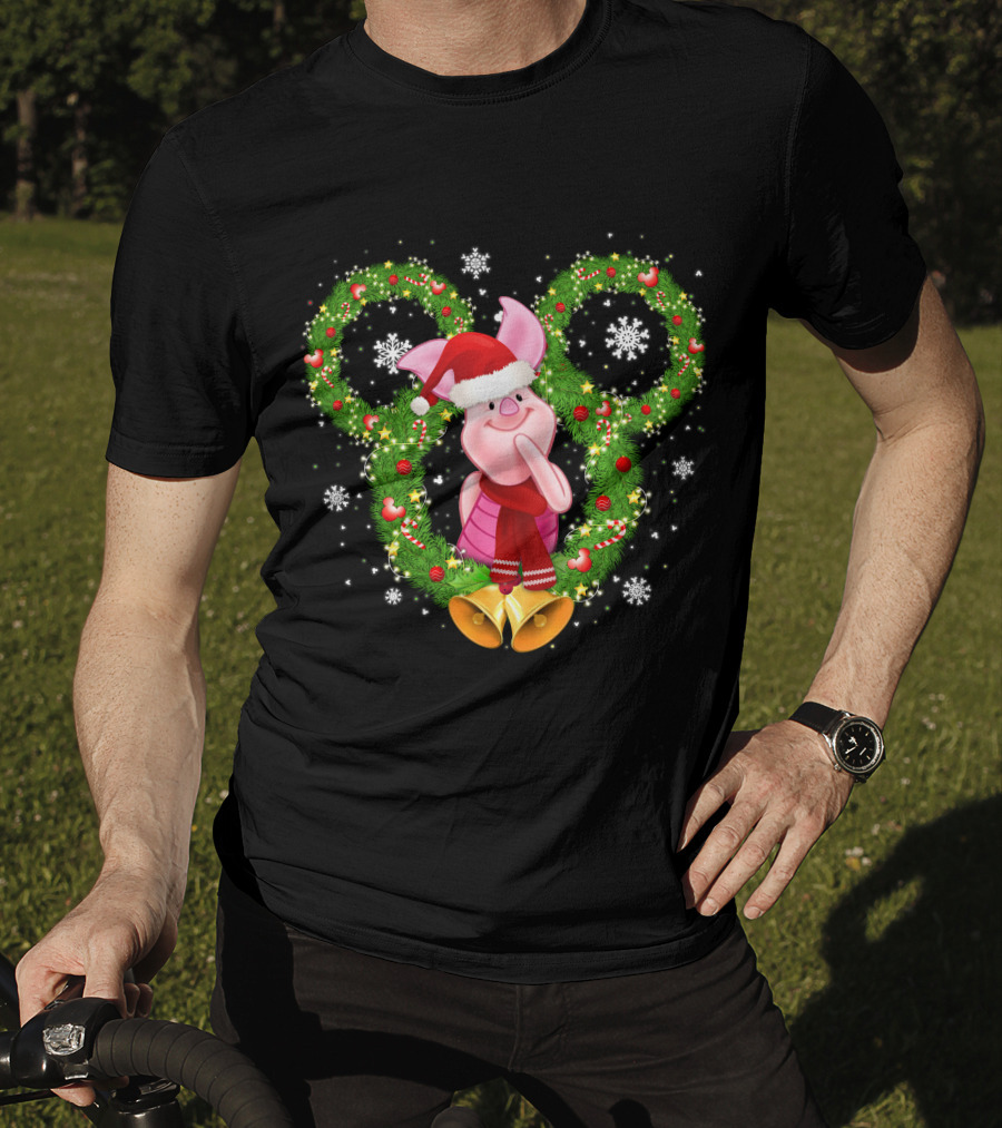 Piglet Christmas Wreath Mickey Mouse Ears Snowflakes Santa Hat T-Shirt