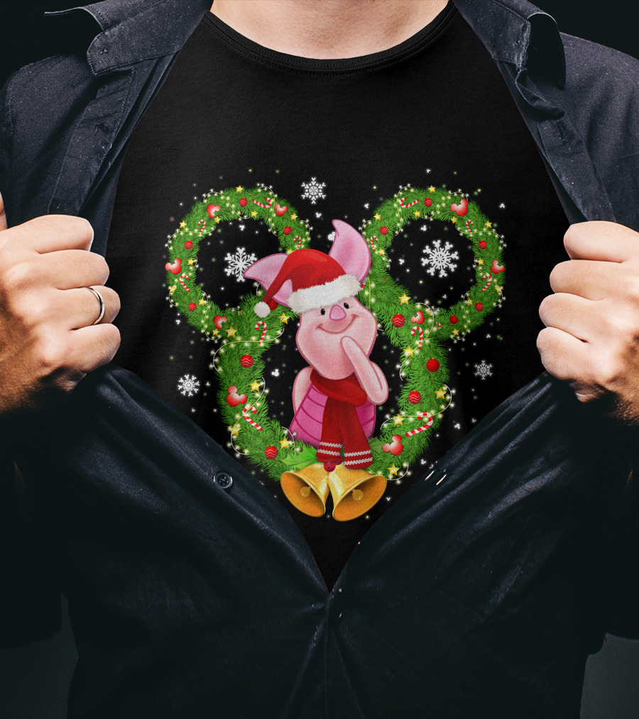 Piglet Christmas Wreath Mickey Mouse Ears Snowflakes Santa Hat T-Shirt