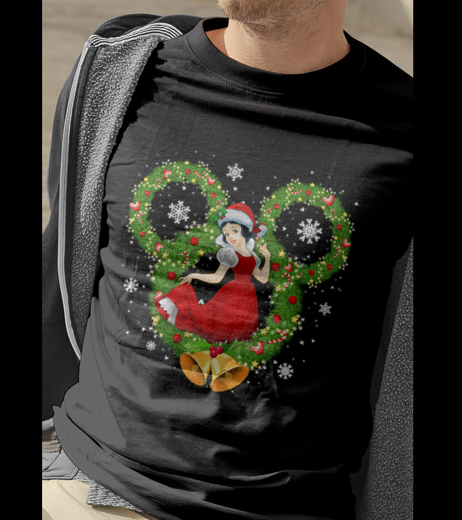Snow White Christmas Wreath With Mickey Ears And Holiday Bells T-Shirt