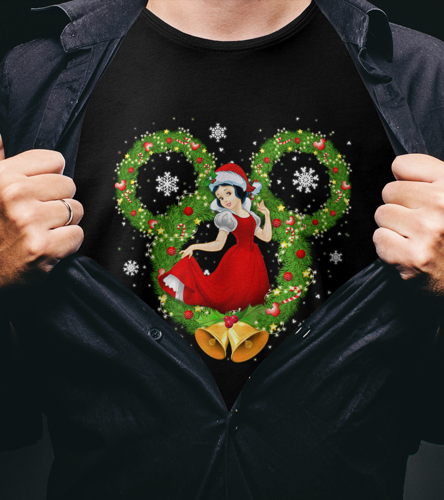 Snow White Christmas Wreath With Mickey Ears And Holiday Bells T-Shirt