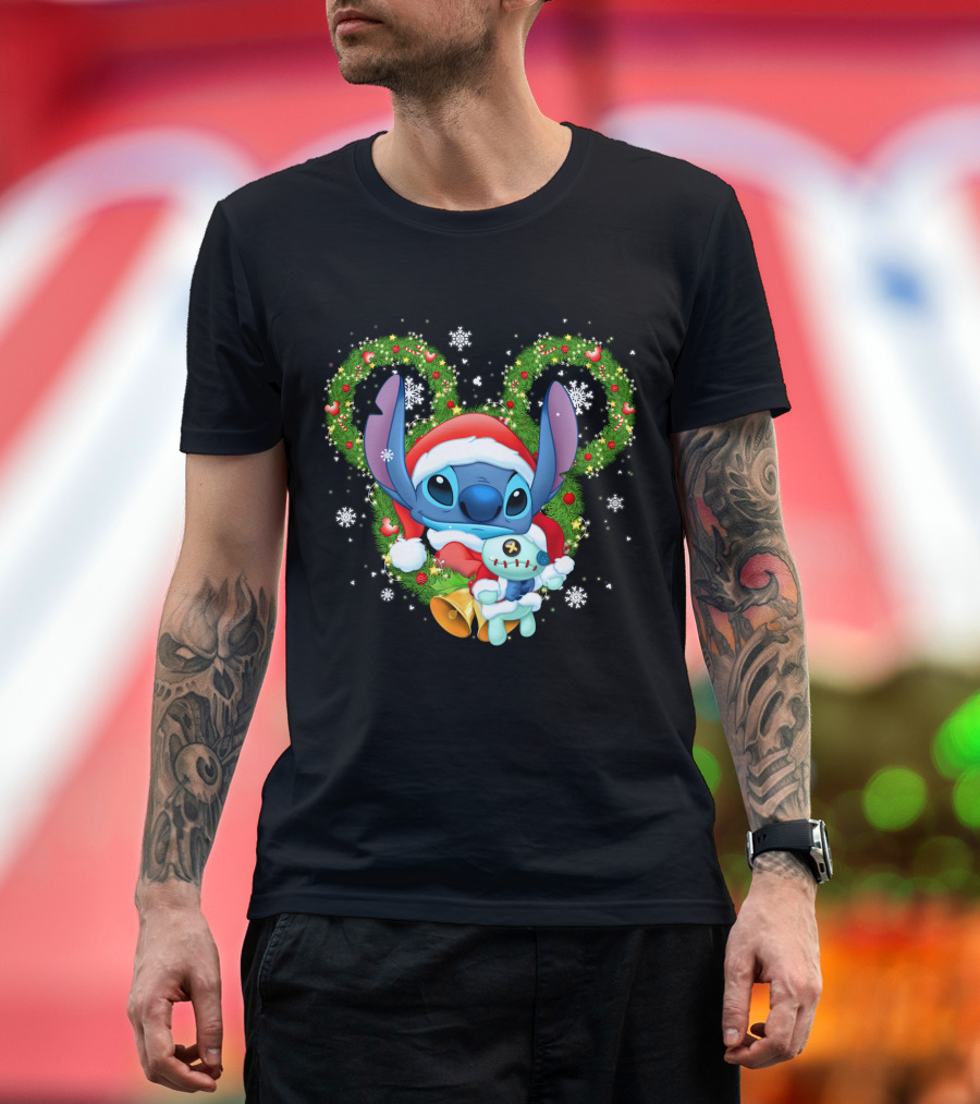 Stitch Santa Christmas Wreath Lilo And Stitch Disney Holiday T-Shirt