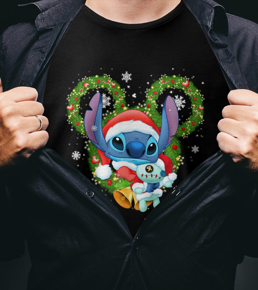 Stitch Santa Christmas Wreath Lilo And Stitch Disney Holiday T-Shirt