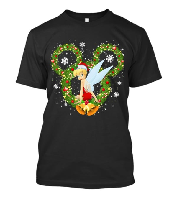 Tinker Bell Christmas Wreath With Santa Hat And Snowflakes T-Shirt