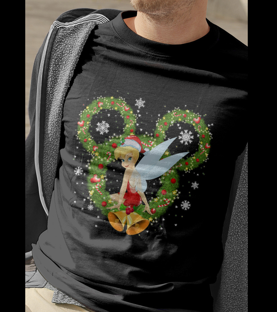 Tinker Bell Christmas Wreath With Santa Hat And Snowflakes T-Shirt