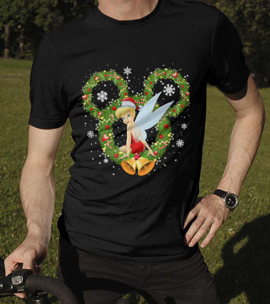 Tinker Bell Christmas Wreath With Santa Hat And Snowflakes T-Shirt