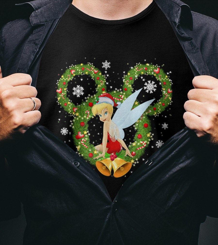 Tinker Bell Christmas Wreath With Santa Hat And Snowflakes T-Shirt