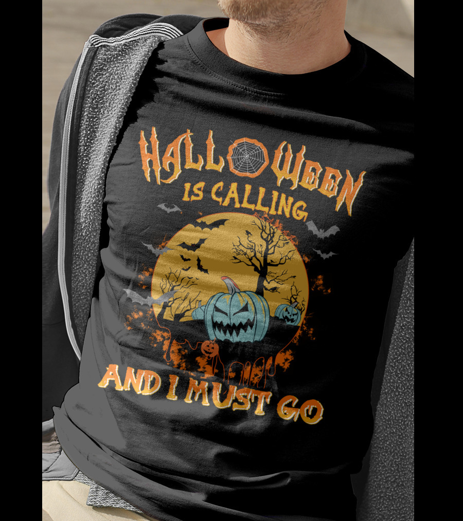 Halloween Is Calling And I Must Go Spooky Moon And Pumpkins Scene T-Shirt