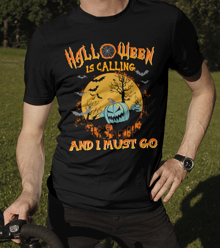 Halloween Is Calling And I Must Go Spooky Moon And Pumpkins Scene T-Shirt