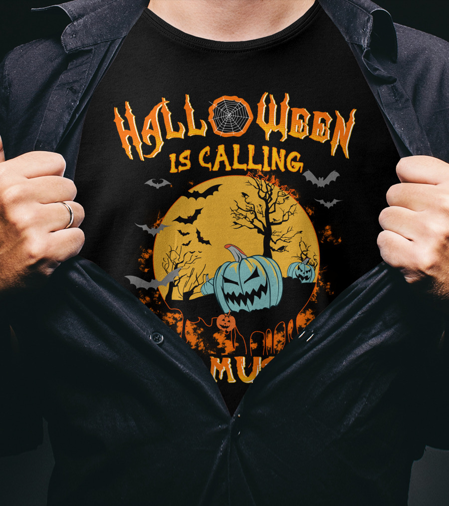 Halloween Is Calling And I Must Go Spooky Moon And Pumpkins Scene T-Shirt