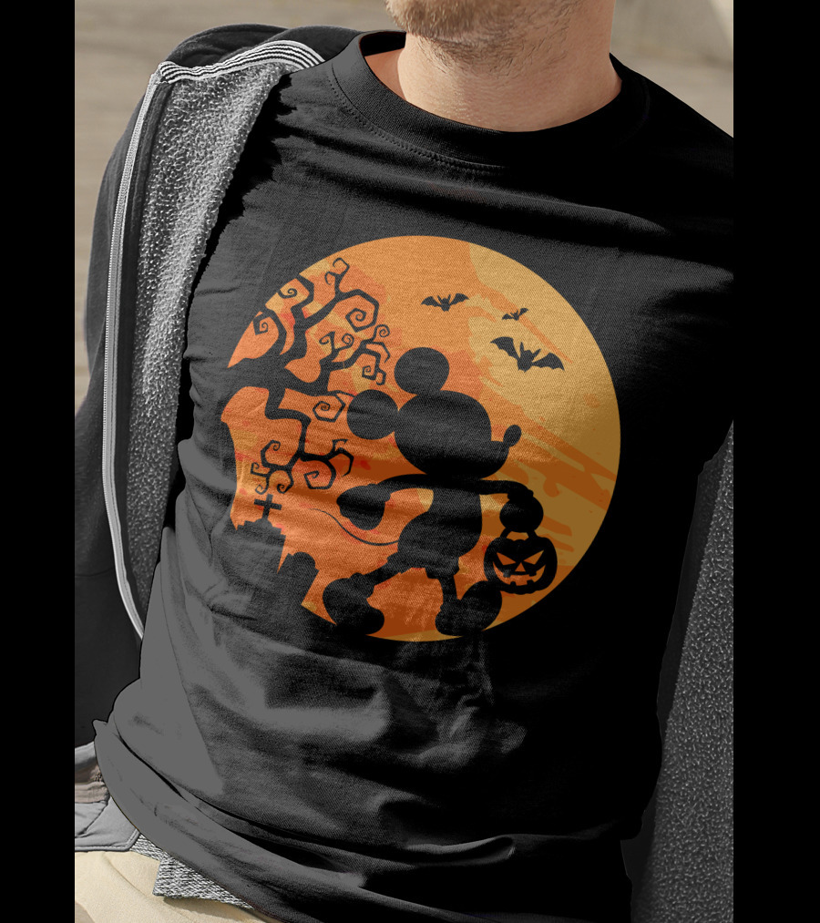 Halloween 54 Mickey Mouse Silhouette With Pumpkin And Bats T-Shirt