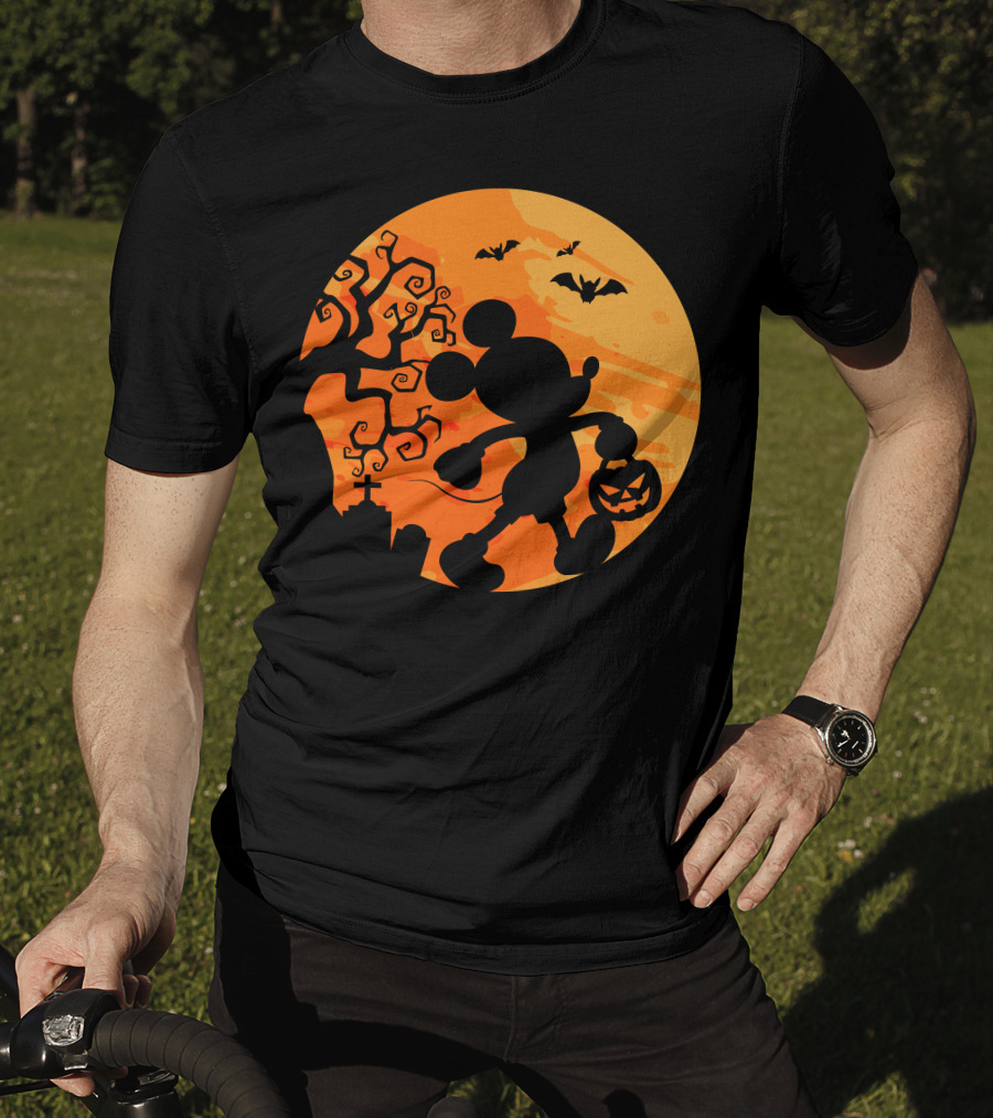 Halloween 54 Mickey Mouse Silhouette With Pumpkin And Bats T-Shirt