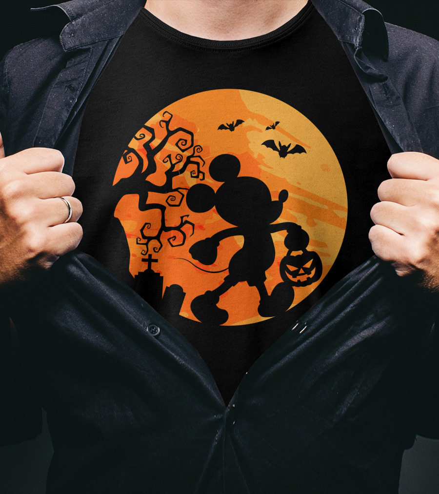 Halloween 54 Mickey Mouse Silhouette With Pumpkin And Bats T-Shirt