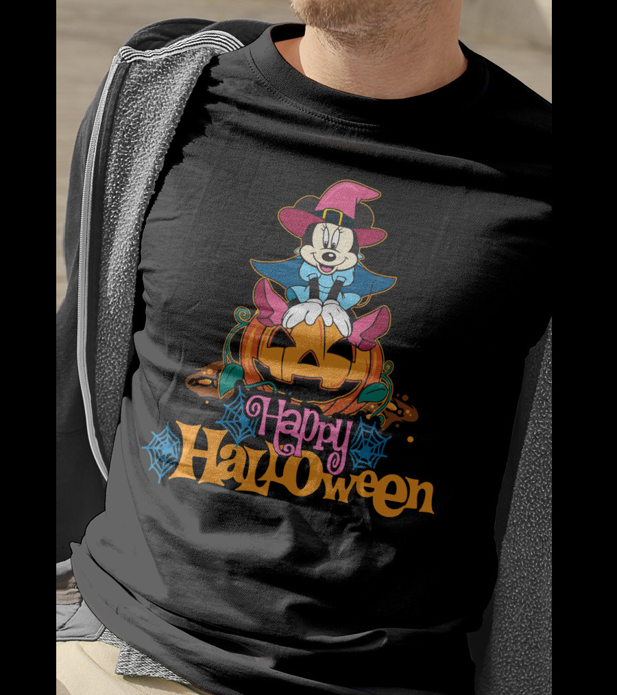 Happy Halloween 63 Mickey Mouse On Jack-O'-Lantern With Witch Hat And Spider Webs T-Shirt