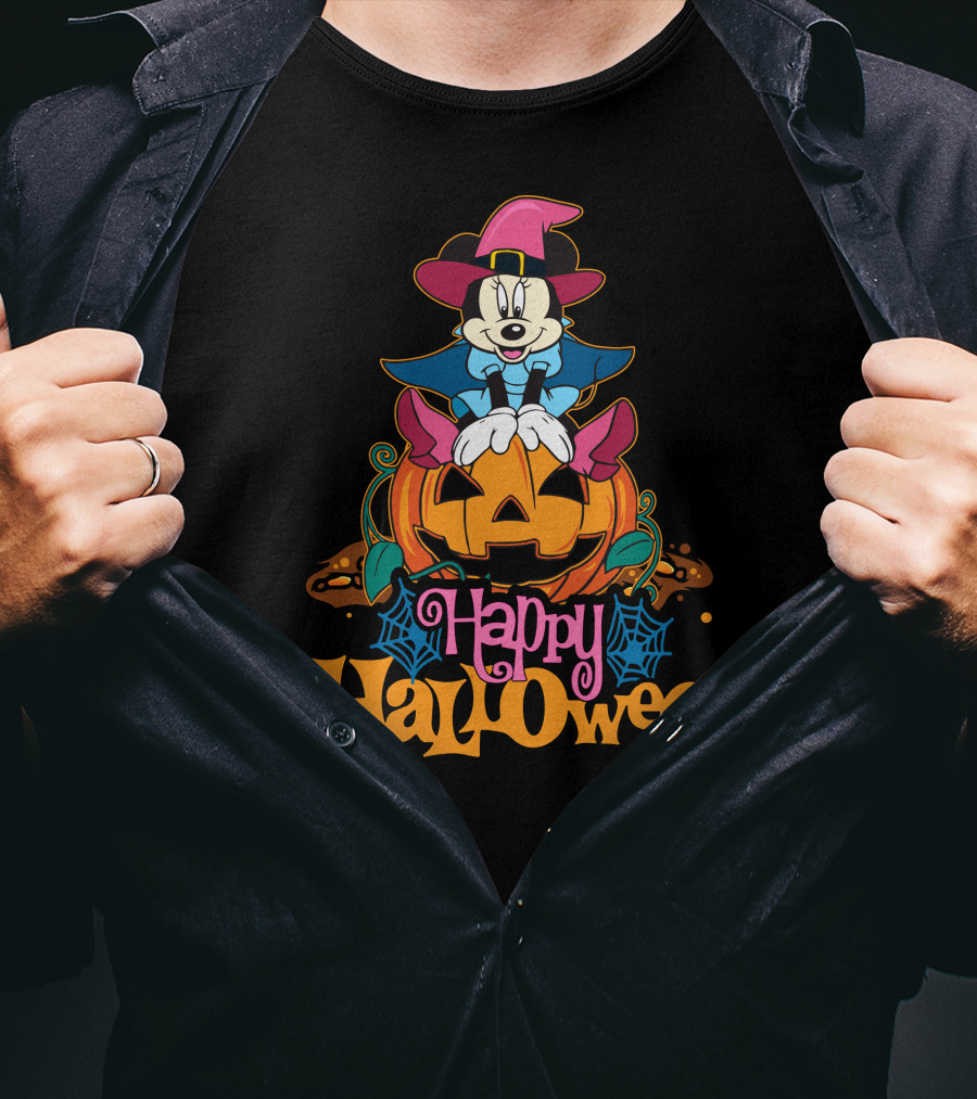 Happy Halloween 63 Mickey Mouse On Jack-O'-Lantern With Witch Hat And Spider Webs T-Shirt