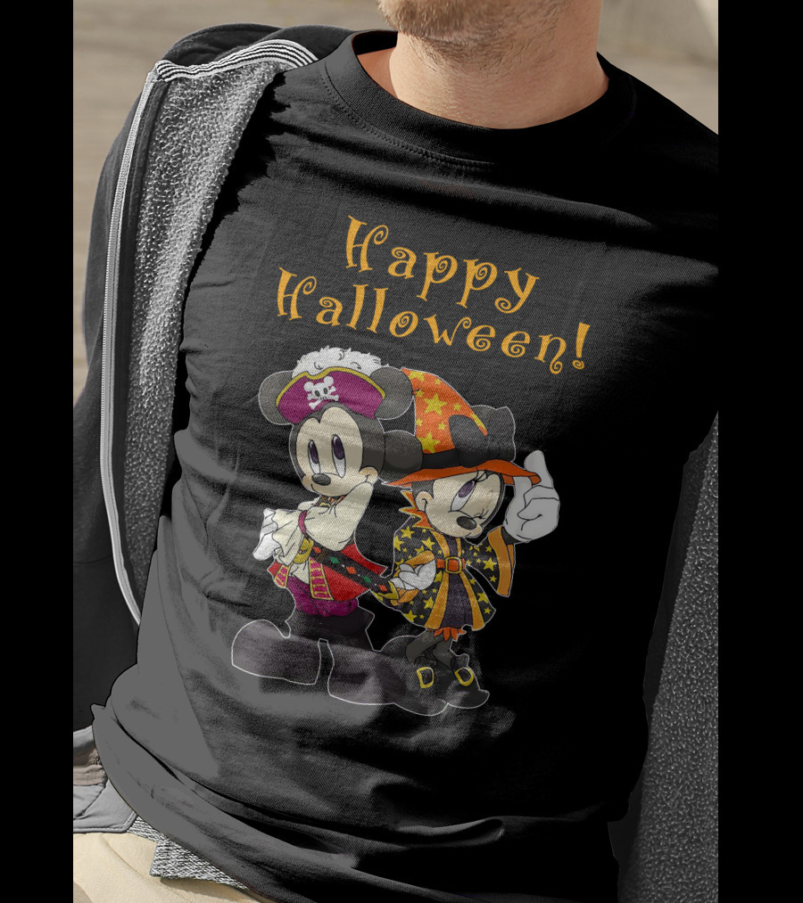 Happy Halloween Mickey And Minnie Mouse Pirate And Witch Costume T-Shirt