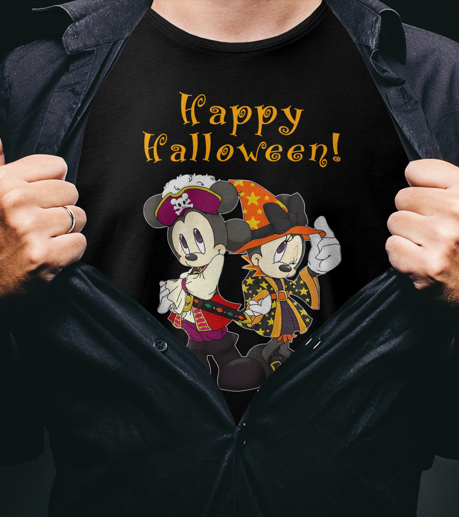Happy Halloween Mickey And Minnie Mouse Pirate And Witch Costume T-Shirt