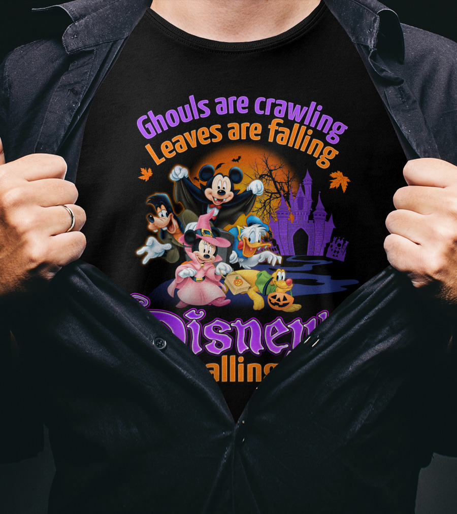 Ghouls Are Crawling Leaves Are Falling Disney's Calling With Mickey Mouse Minnie Mouse Goofy And Donald Duck Castle And Pumpkins T-Shirt