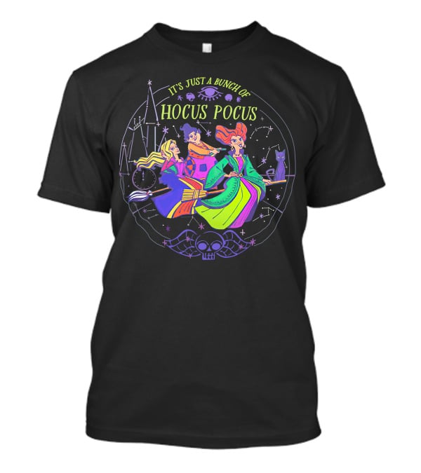 Hocus Pocus It's Just A Bunch Of Witches Flying With Magical Symbols And Black Cat T-Shirt