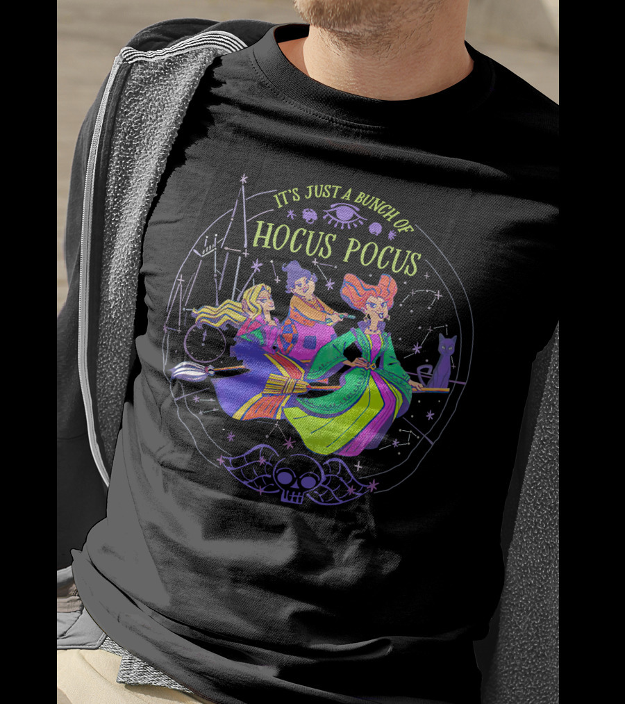 Hocus Pocus It's Just A Bunch Of Witches Flying With Magical Symbols And Black Cat T-Shirt