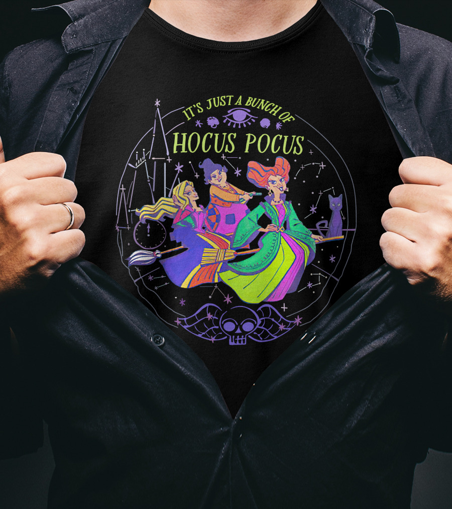 Hocus Pocus It's Just A Bunch Of Witches Flying With Magical Symbols And Black Cat T-Shirt