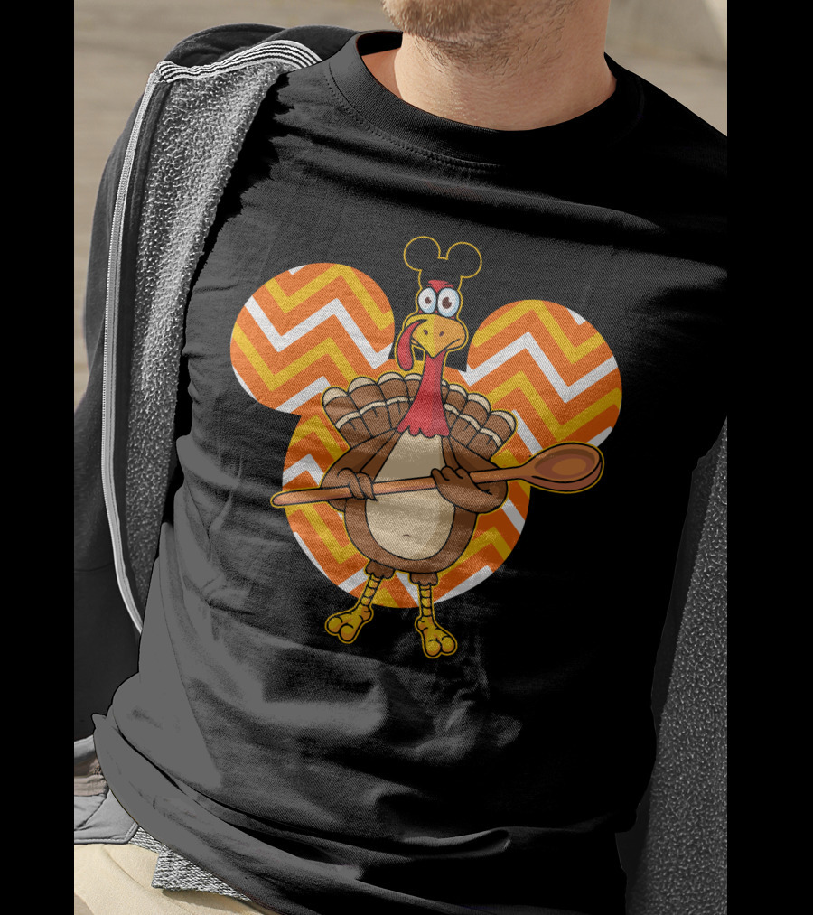 Thanksgiving Turkey With Spoon And Mickey Ears On Chevron T-Shirt