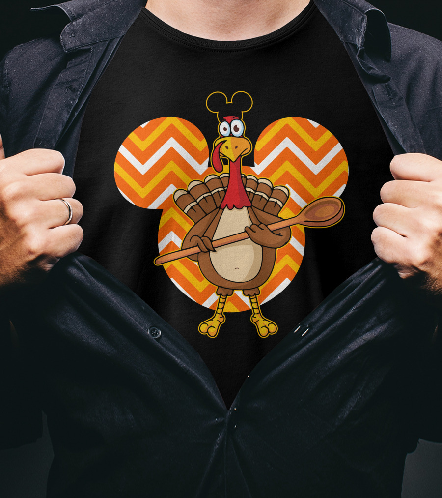 Thanksgiving Turkey With Spoon And Mickey Ears On Chevron T-Shirt