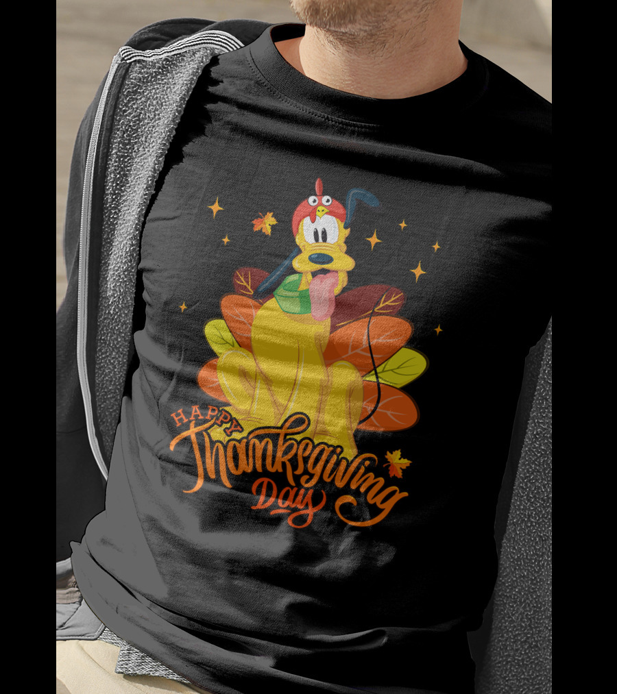 Happy Thanksgiving Day Pluto Turkey Costume Autumn Leaves Stars T-Shirt