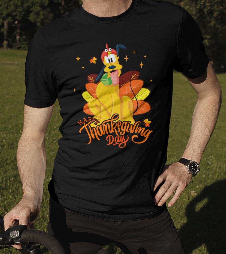 Happy Thanksgiving Day Pluto Turkey Costume Autumn Leaves Stars T-Shirt