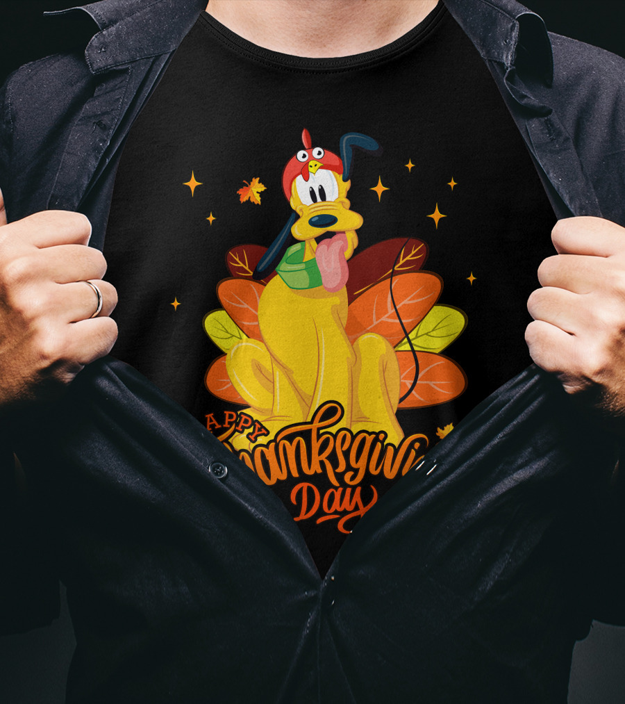 Happy Thanksgiving Day Pluto Turkey Costume Autumn Leaves Stars T-Shirt