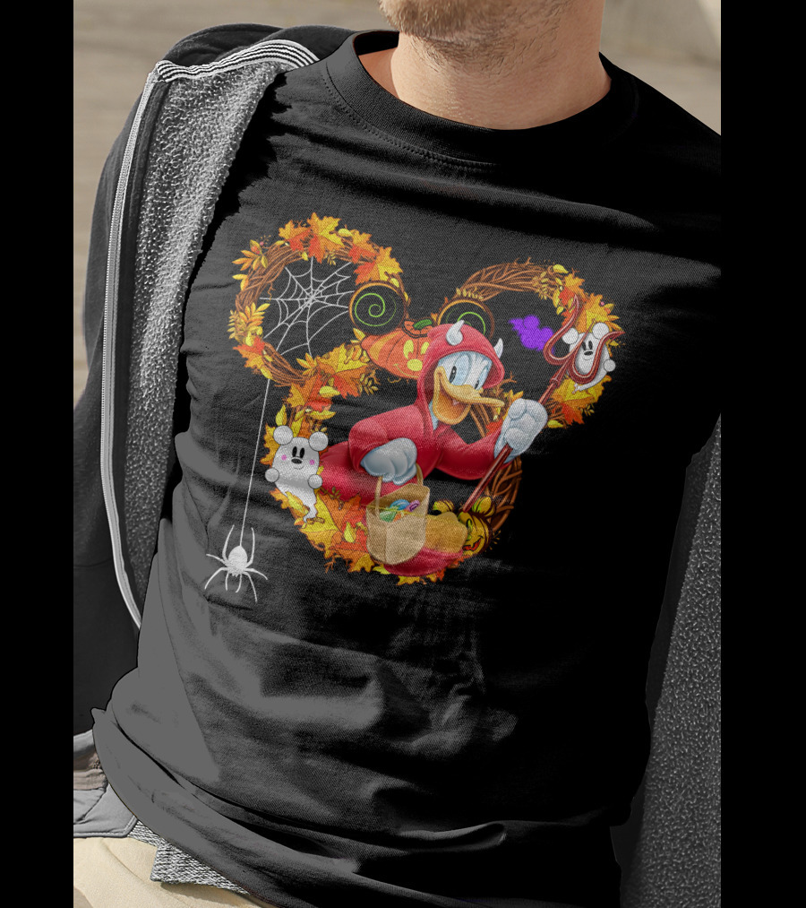 Donald Halloween Devil Costume With Mickey Pumpkin And Autumn Leaves T-Shirt