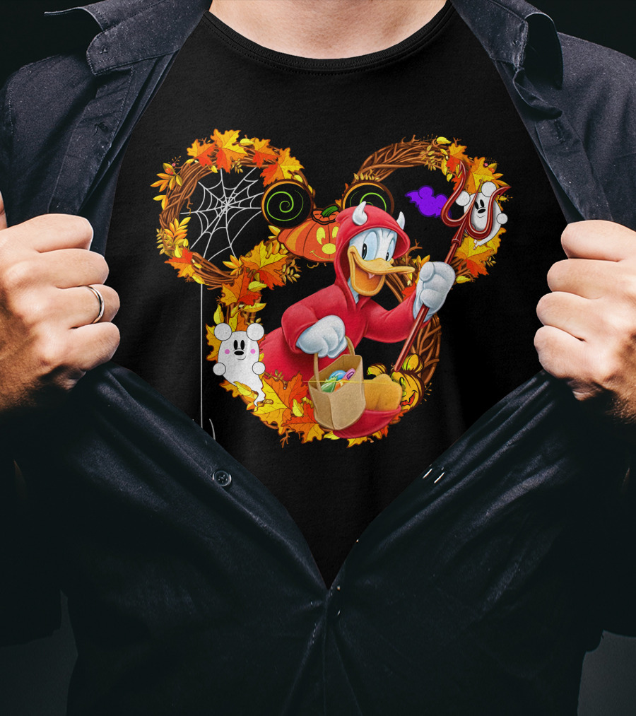 Donald Halloween Devil Costume With Mickey Pumpkin And Autumn Leaves T-Shirt