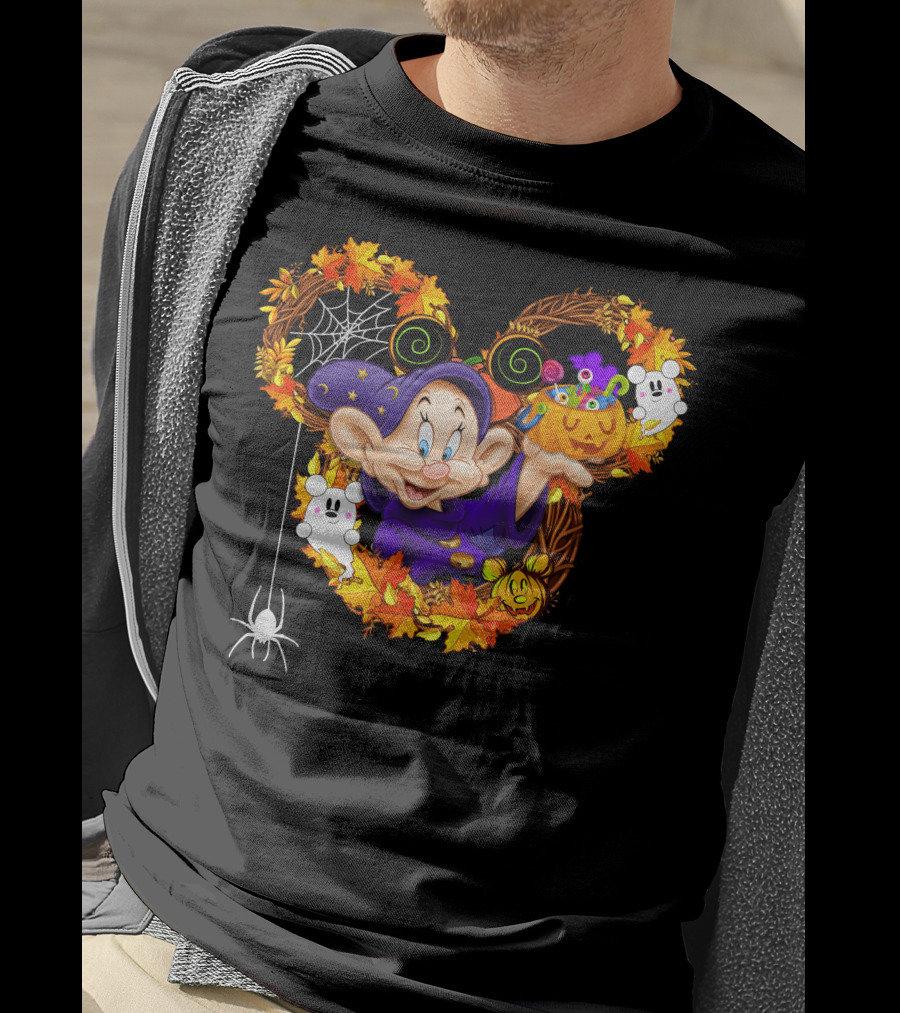 Dopey Halloween Mickey Ears Autumn Leaves Ghosts And Pumpkins T-Shirt