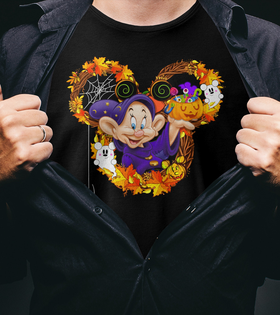 Dopey Halloween Mickey Ears Autumn Leaves Ghosts And Pumpkins T-Shirt