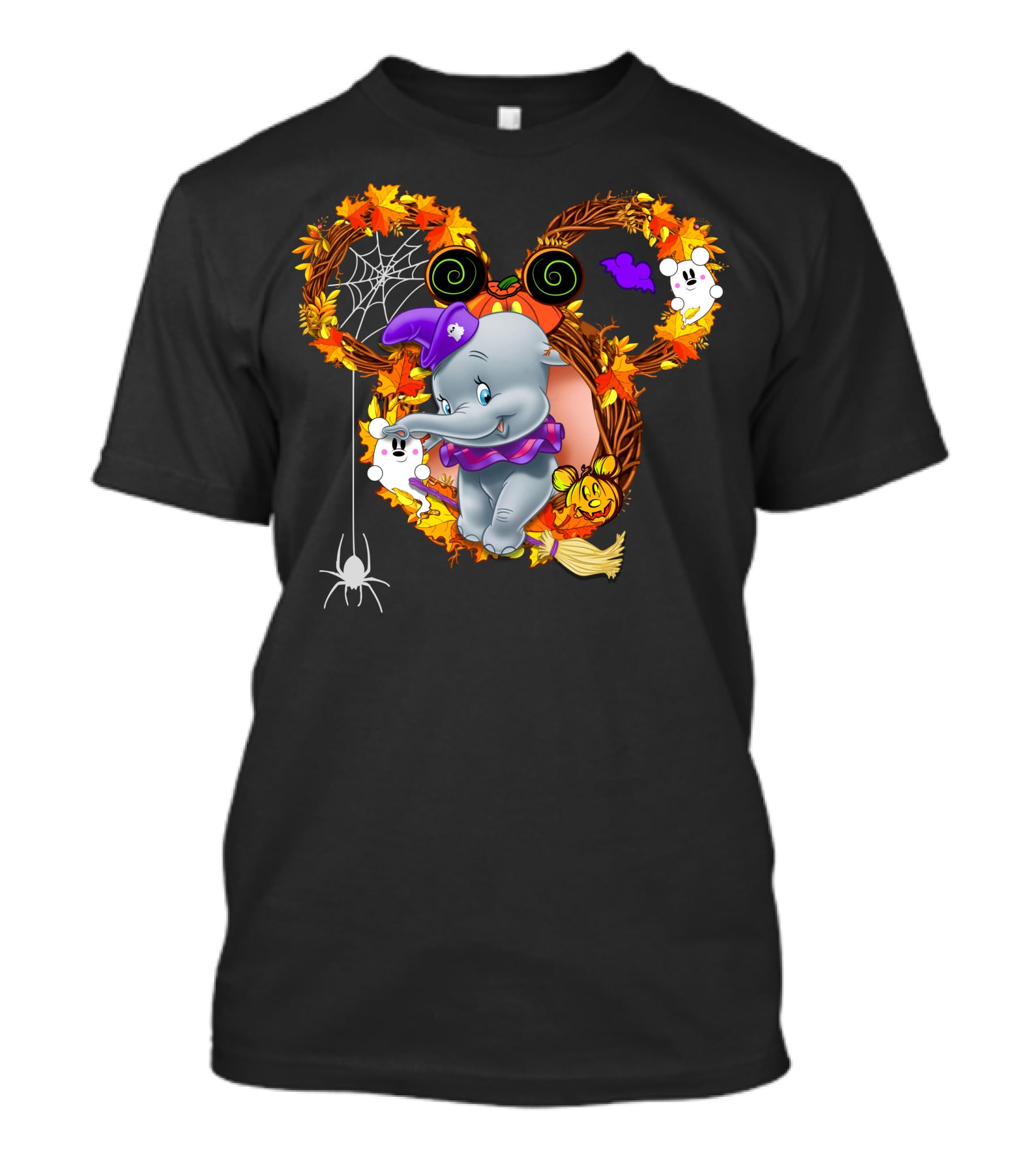 Dumbo Halloween Mickey Ears Fall Leaves Wreath With Ghosts And Spider Web T-Shirt