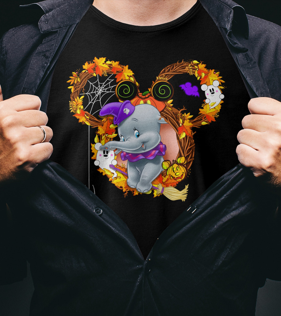 Dumbo Halloween Mickey Ears Fall Leaves Wreath With Ghosts And Spider Web T-Shirt