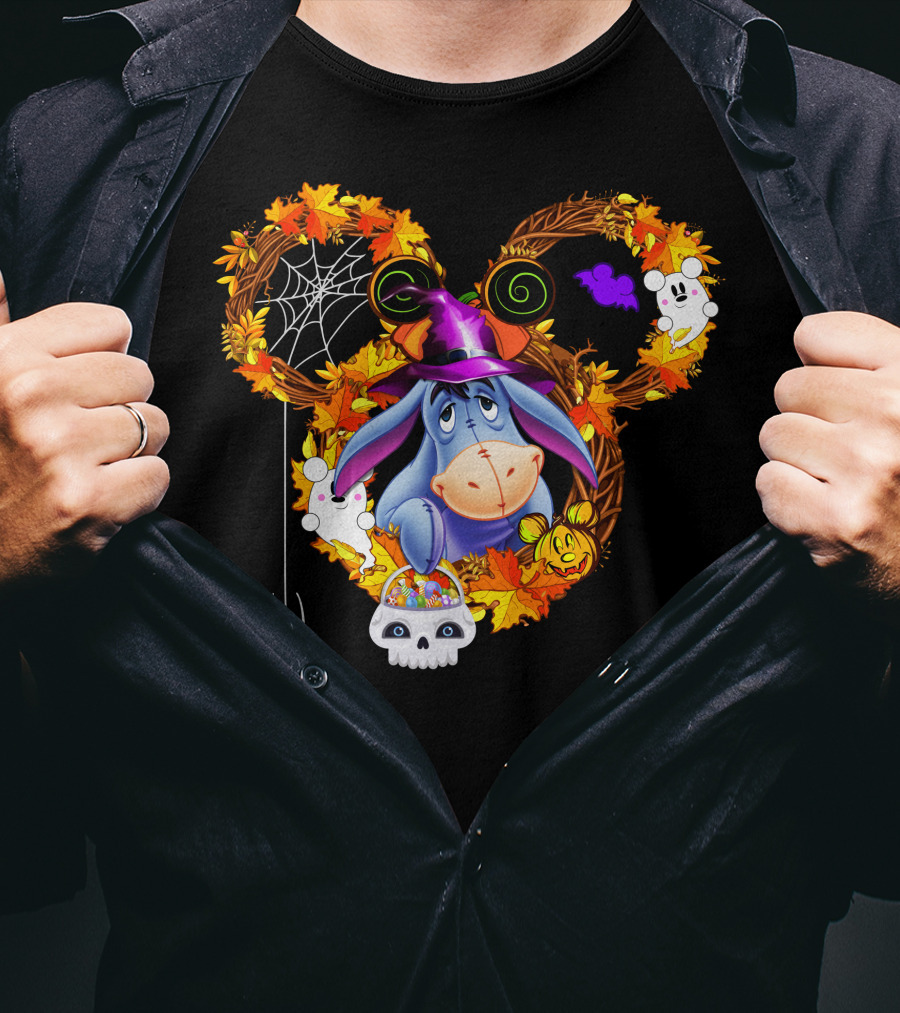 Eeyore Halloween Wreath With Witch Hat And Candy Skulls T-Shirt
