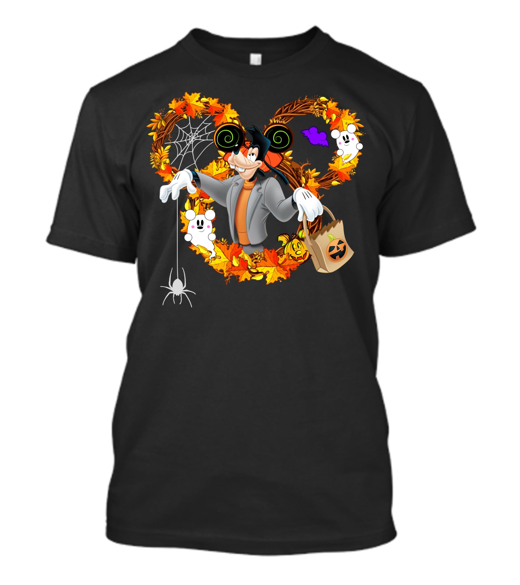 Halloween Goofy In Heart Of Autumn Leaves With Ghosts And Spider T-Shirt