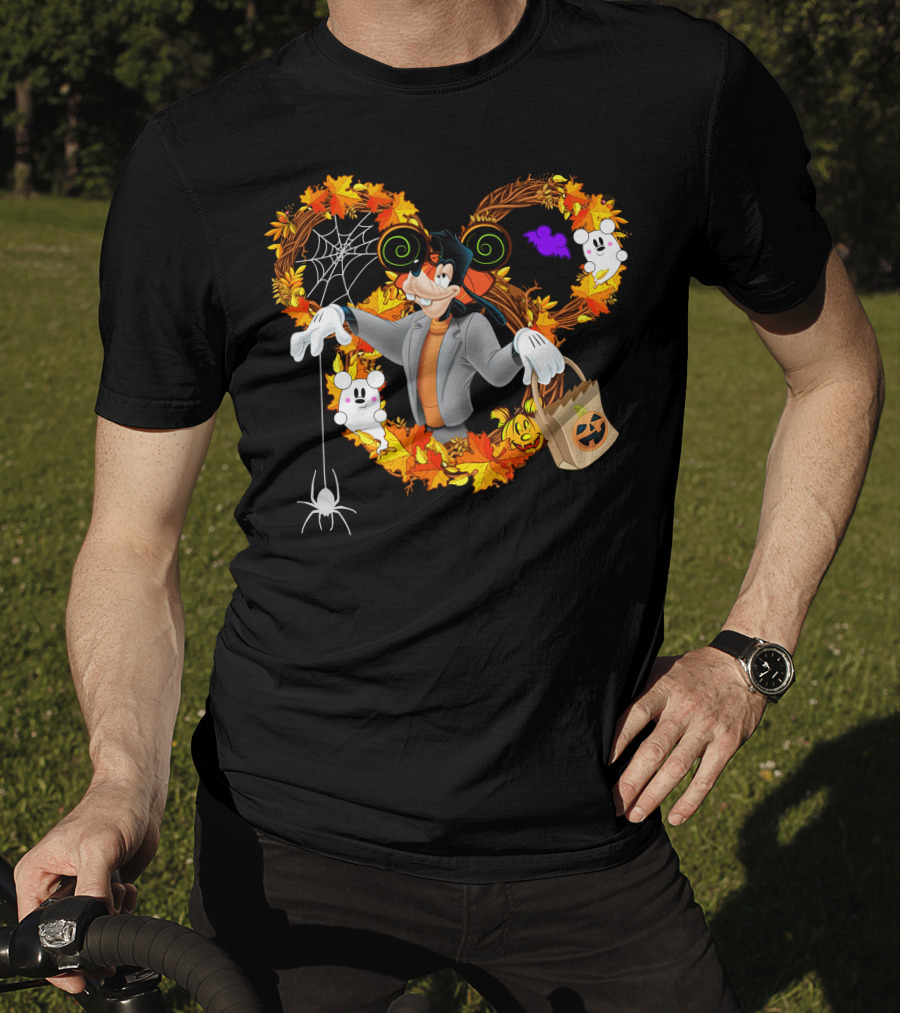 Halloween Goofy In Heart Of Autumn Leaves With Ghosts And Spider T-Shirt