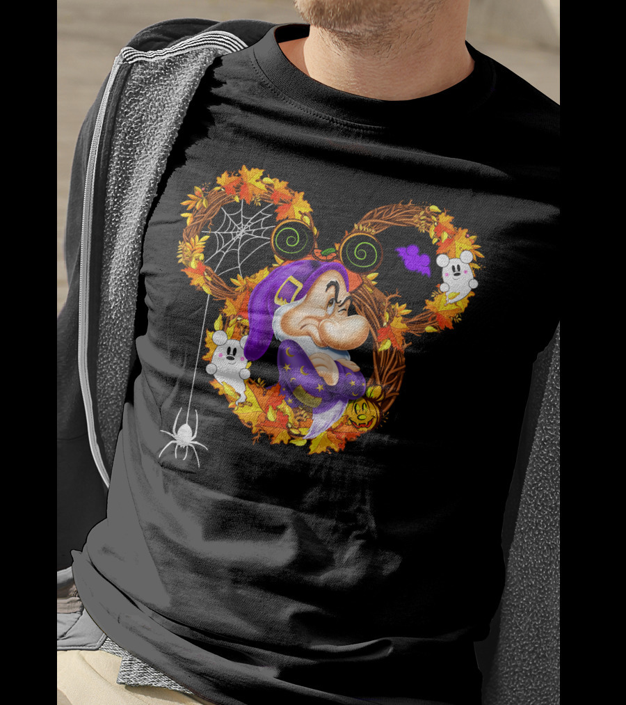 Grumpy Halloween Wreath With Ghosts And Spider Web In Autumn Colors T-Shirt