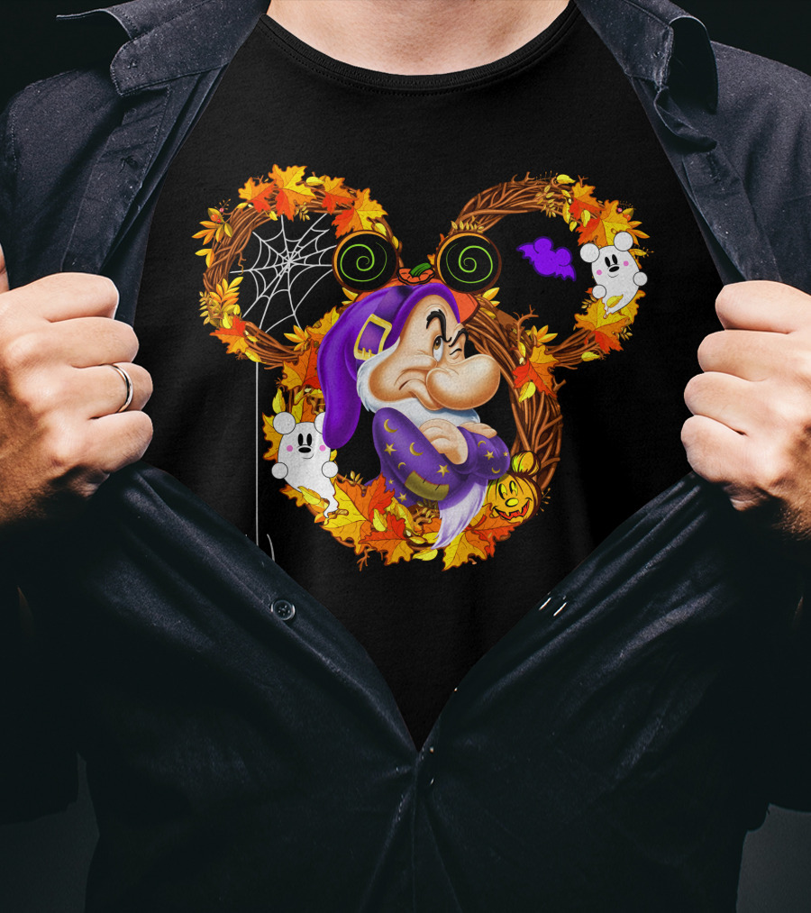 Grumpy Halloween Wreath With Ghosts And Spider Web In Autumn Colors T-Shirt