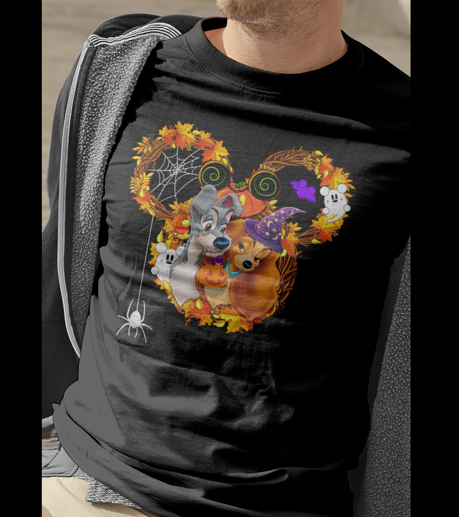 Lady And The Tramp Halloween Wreath With Pumpkins And Ghosts T-Shirt