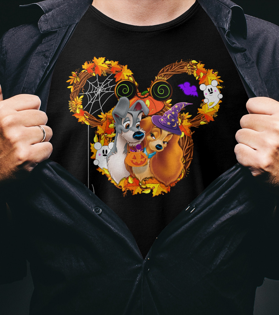 Lady And The Tramp Halloween Wreath With Pumpkins And Ghosts T-Shirt