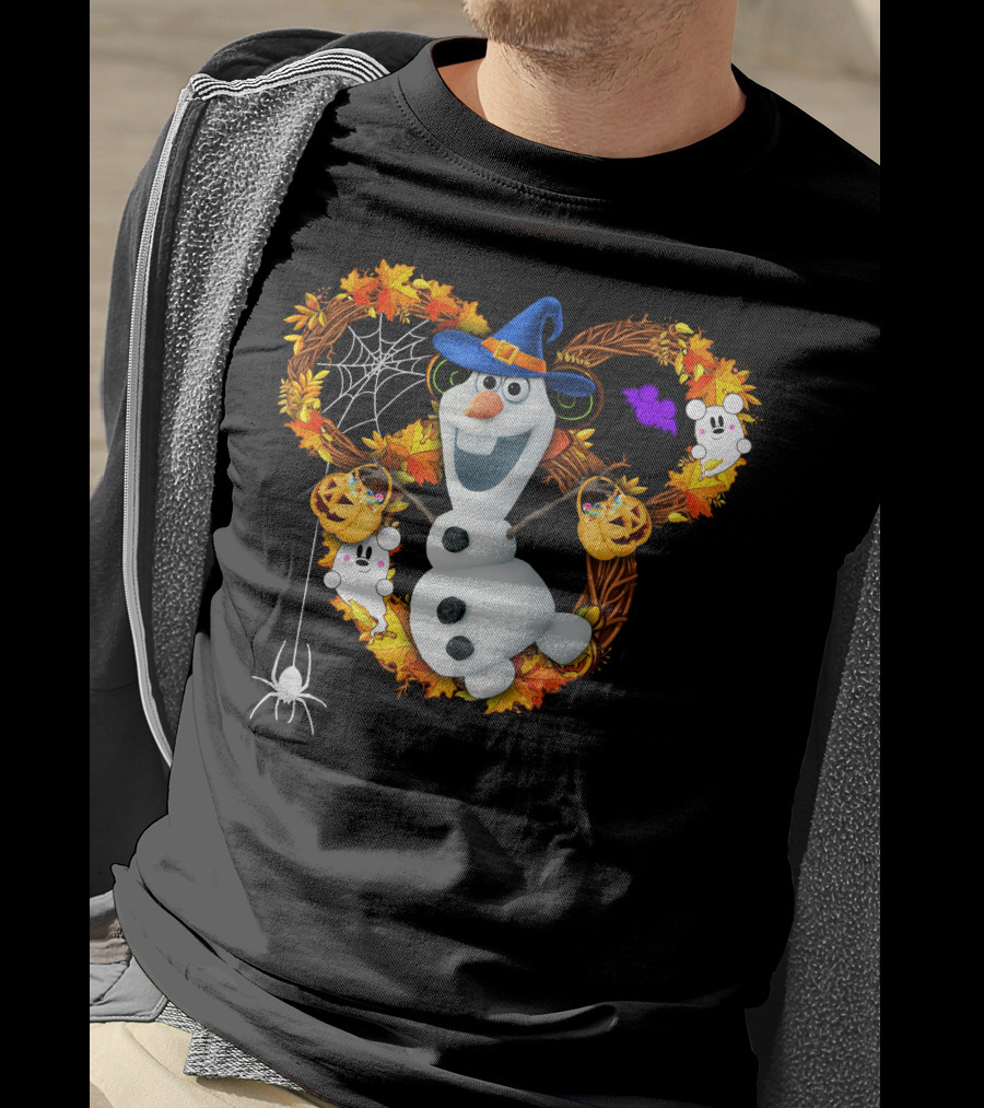 Olaf Halloween Witch Hat Pumpkin Candy Ghosts Spider Web Fall Leaves T-Shirt
