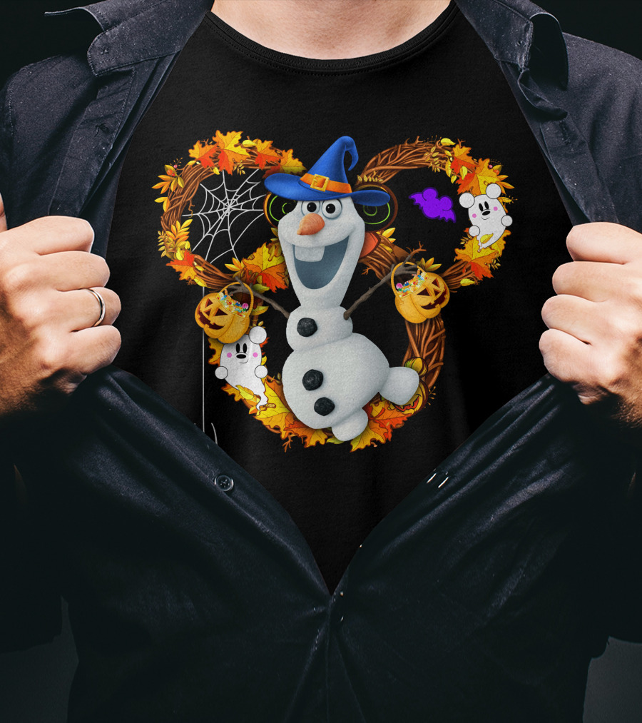 Olaf Halloween Witch Hat Pumpkin Candy Ghosts Spider Web Fall Leaves T-Shirt